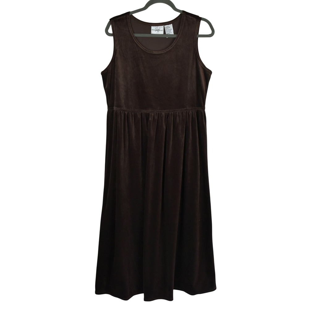VTG 90s Velour Velvet Midi Dress Womens M Brown Sleeveless Grunge Cottagecore